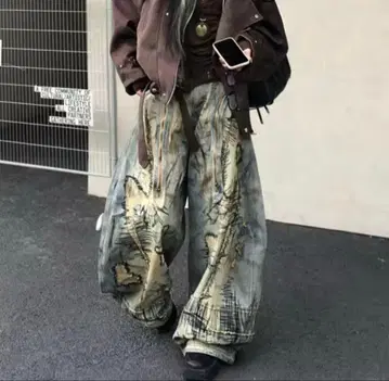 미사용품 패치 자수 데미지 데님 배기 팬츠