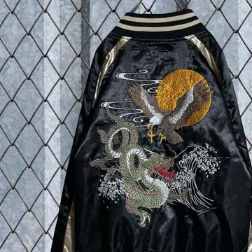 경화수월 용 독수리 보름달 자수 스카잔 블랙 샴페인 골드 M 일본풍 패턴