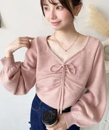 프론트 레이스 개더 니트탑