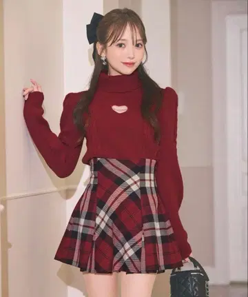 미셸 마카롱 michellMacaron 플레어 체크 스커트 레드