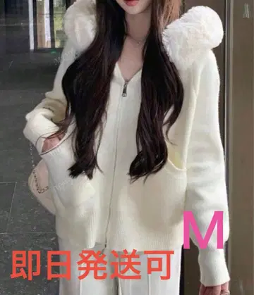 쉬인 퍼 화이트 니트 후드티 가디건 M 스웨터