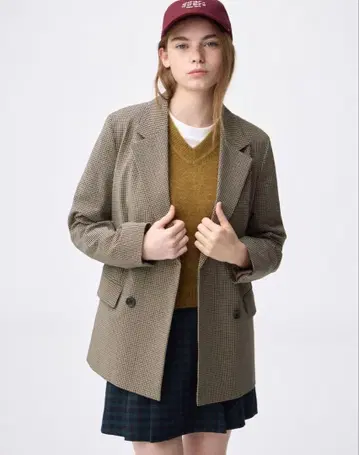 [ 미사용 새상품 ] GU 지유 더블 브레스트 체크 자켓 34 브라운