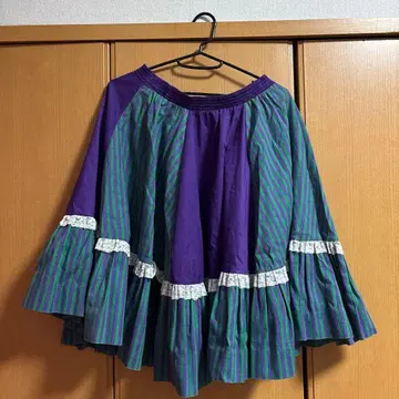 구제 의류 플레어 스커트 보라색과 그린 스트라이프