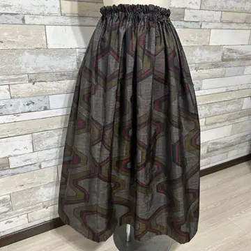 오시마 명주 기하학 패턴 롱 스커트 허리밴딩