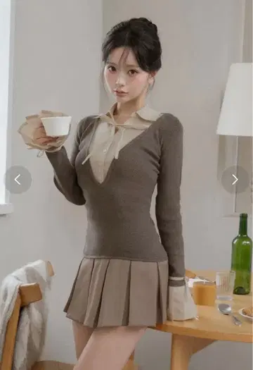 Darich 셔츠 도킹 플리츠 미니 원피스 모카 FREE