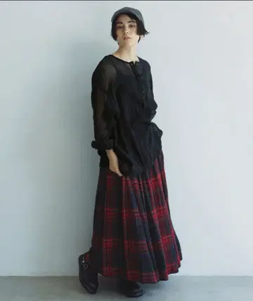 새상품 natural by clip 린넨 레이온 체크 개더 스커트