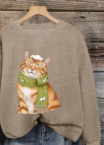 고양이 그린 머플러 냥코 포근니트 M 고양이 패턴 스웨터