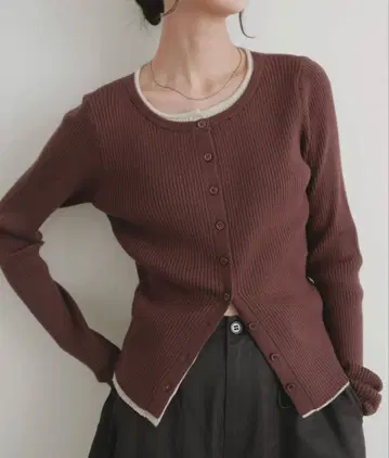 리브 짜임 다크 브라운 가디건