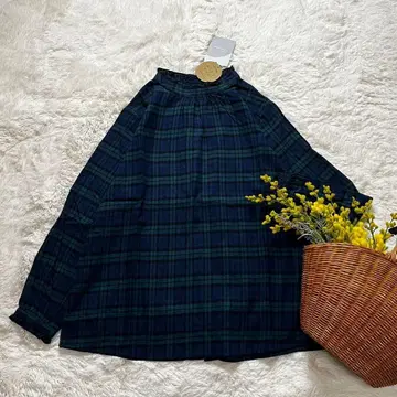 새상품 프릴 블라우스 스탠드 목걸이 코튼 블랙워치 M~L