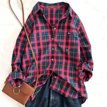 마드모아젤 논논 긴팔 체크 셔츠 면 코튼 빨간색 레드 38 M