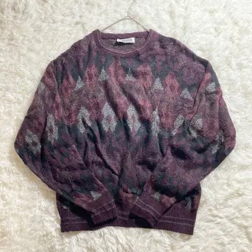 70s JANTZEN 기하학 패턴 털 긴 USA제 니트 그런지 보라색