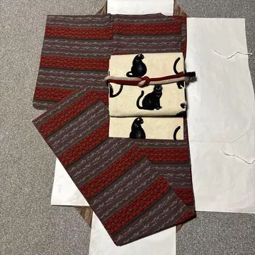 나데마츠안의 워셔블 코몬 기모노 고양이 패턴 오비 허리띠