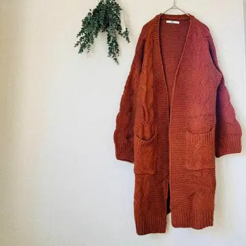 그레일 니트 롱 가디건 / 큼직한 크로 셰 뜨개질 겉옷 브라운