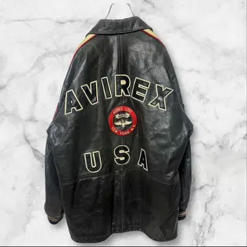 80s-90s AVIREX 올 가죽 바시티 자켓 풀 데코 블랙