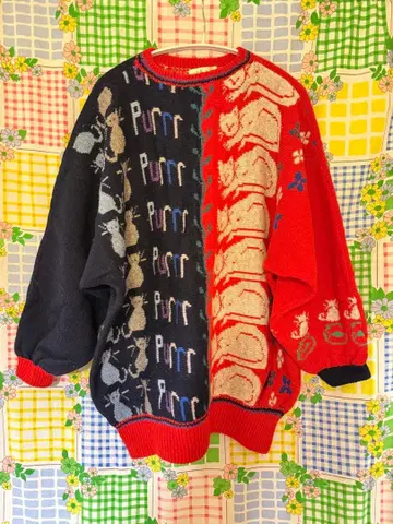 고양이 디자인 니트 스웨터 빨간색 블랙