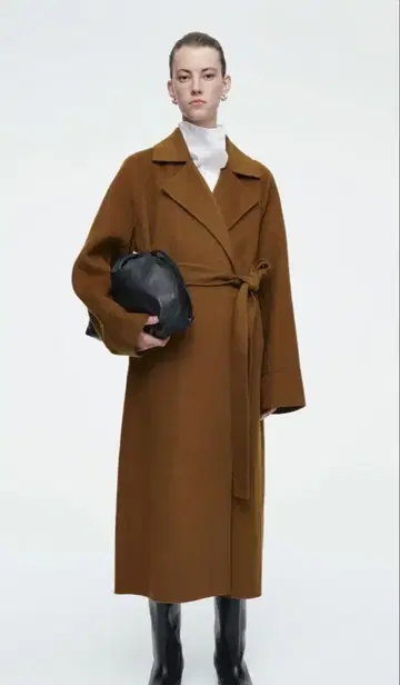 벨트 달린 더블 페이스 울 코트 브라운