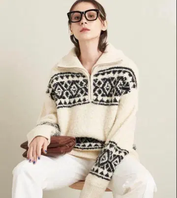 BEAUTY&YOUTH 링얀 스노우 자카드 하프 지퍼 니트