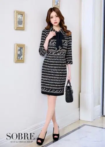SOBRE 트위드 리본 드레스 원피스 블랙 7부 소매 SOBRE