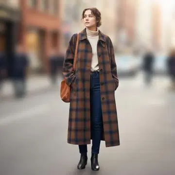 브라운과 파랑 체크 무늬 롱 코트