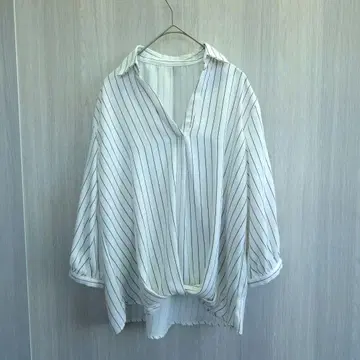 INGNI 상의 튜닉 블라우스 V넥 스트라이프 화이트 M