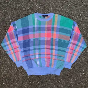 90s Nautica 멀티 컬러 체크 코튼 니트 스웨터