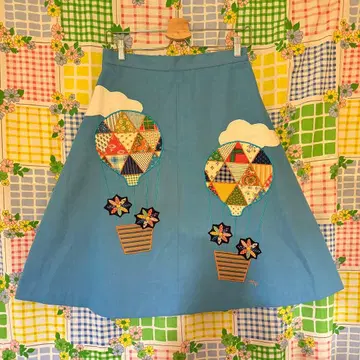 vintage 패치워크 열기구 자수 플레어 스커트 스카이블루