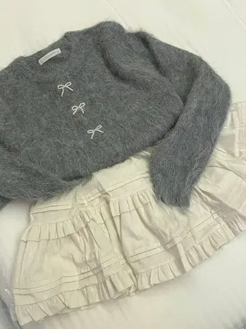 복슬복슬 샤기 리본 니트 스커트