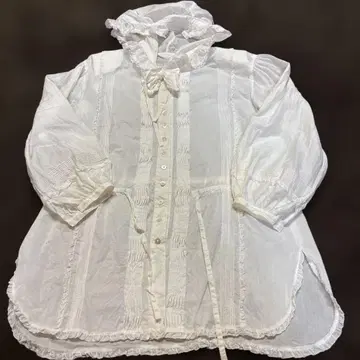 핑크하우스 후드 부착 프릴 셔츠 블라우스 리본 프릴 핀턱