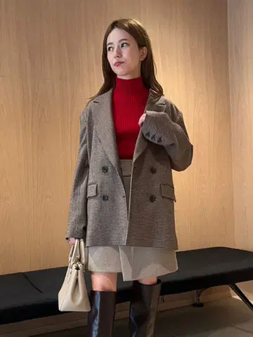 브라운 체크 무늬 빅 더블 테일러드 자켓