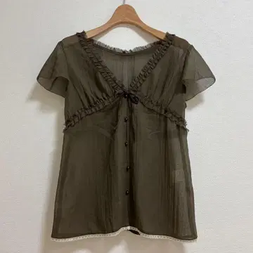 프릴 달린 반팔 블라우스 모리걸 시스루 올리브색 일본제