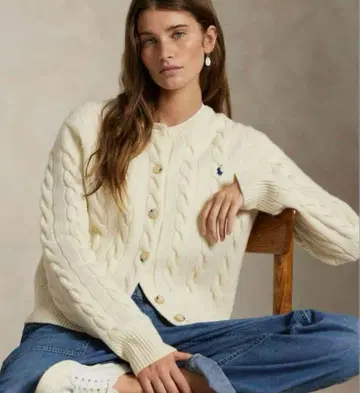 랄프 로렌 캐시미어 혼방 굵은 케이블 가디건 화이트 S