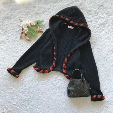 재고 한정 (F) 후드 부착 가디건 기장 짧음 긴팔 모 100% 트림