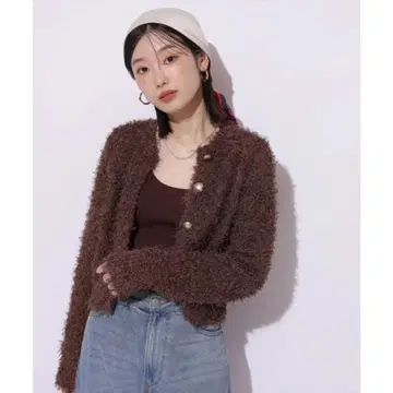 Mystrada 라메 페더 가디건 브라운 가디건 샤기 니트