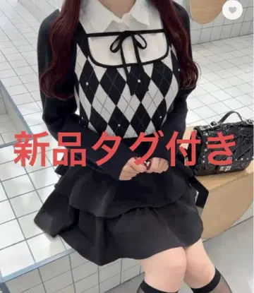 택 포함 새상품 에블린 옷깃 비쥬 니트 블랙 체크