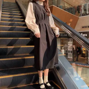 한국 패션 슬리브리스 원피스 롱 기장 리본 A라인 블랙