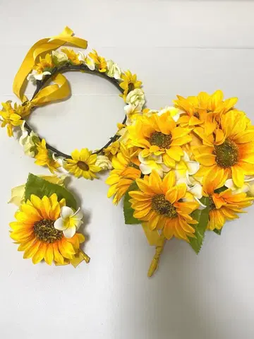 해바라기 플루메리아 부케 부토니에 화관 3종 세트