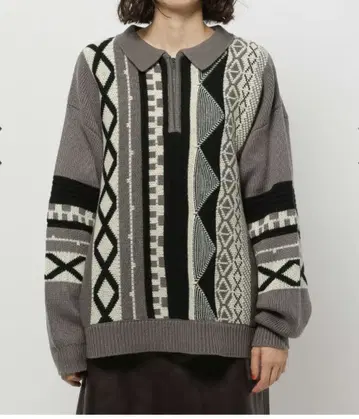 [ 미사용 새상품 ] 빈티지 패턴 옷깃 ZIP 니트 풀오버