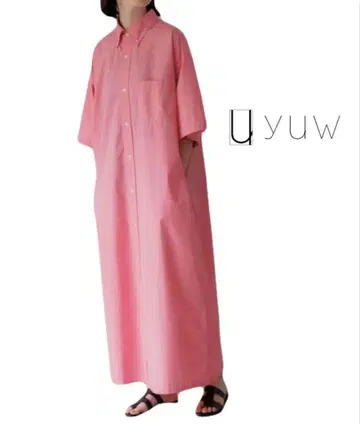 yuw 핑크 셔츠 원피스 반팔 롱 기장 BIG 셔츠 원피스