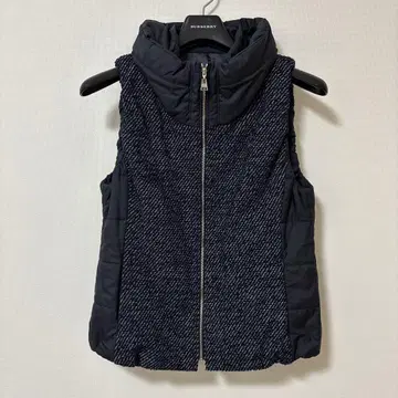 Leilian 이소재 절개 네프 트위드 베스트 충전솜 집업 네이비