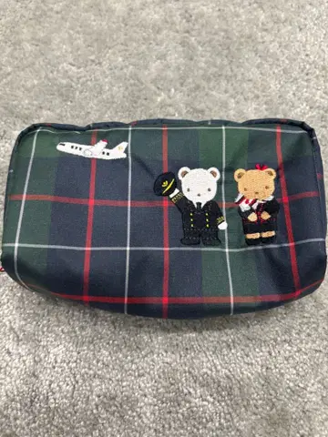 패밀리어 체크 무늬 파우치 비행기와 곰 자수