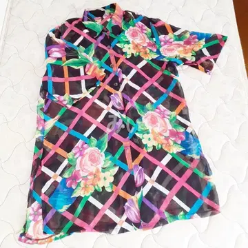 반팔 블라우스 셔츠 롱 기장 시어 레트로 빈티지 꽃 올 패턴