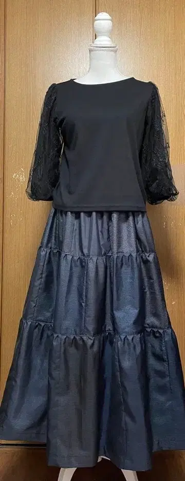 기모노 리메이크 남색 계열 오시마 패치워크 캉캉 스커트