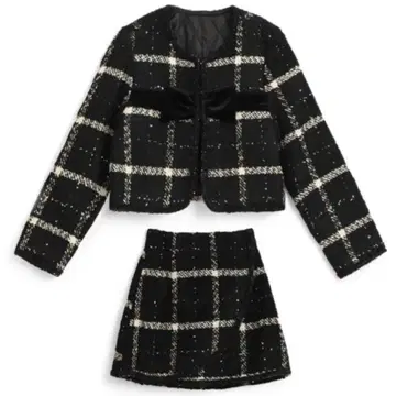 트위드 체크 무늬 리본 자켓 x 미니 스커트 셋업[gn556]