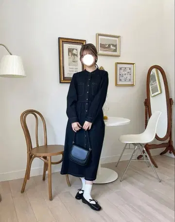 유즈키 셀렉 아이템 밴드 카라 롱 데님 원피스 블랙 완판템