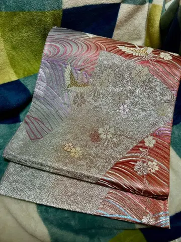 순수 실크 육통 후쿠로 오비 파도와 학, 늘어진 벚꽃