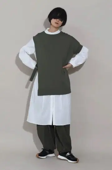 니트 베스트 포함 롱 셔츠