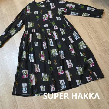 SUPER HAKKA 꽃무늬 긴팔 무릎 기장 원피스