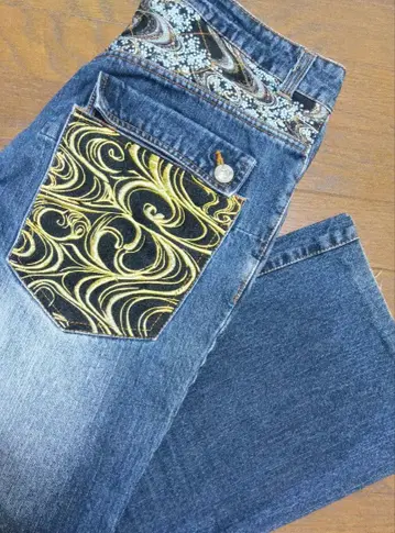 멋진 카구라 일본풍 패턴 초와이드 스트레이트 데님