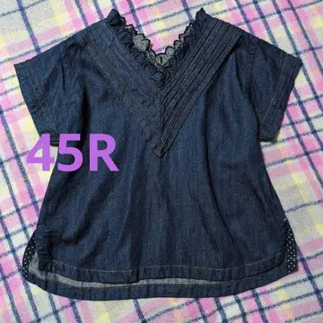 45R 택 포함 새상품 밀 데님 프릴 V넥 반팔 셔츠