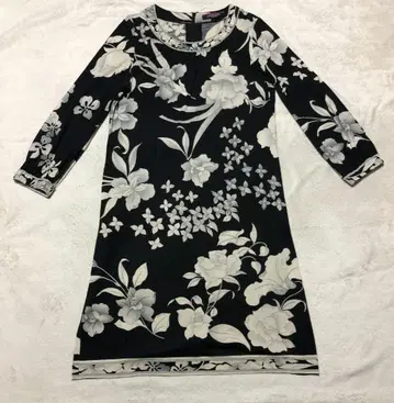 LEONARD 레오나르 실크 혼방 롱 원피스 긴팔 꽃무늬 블랙